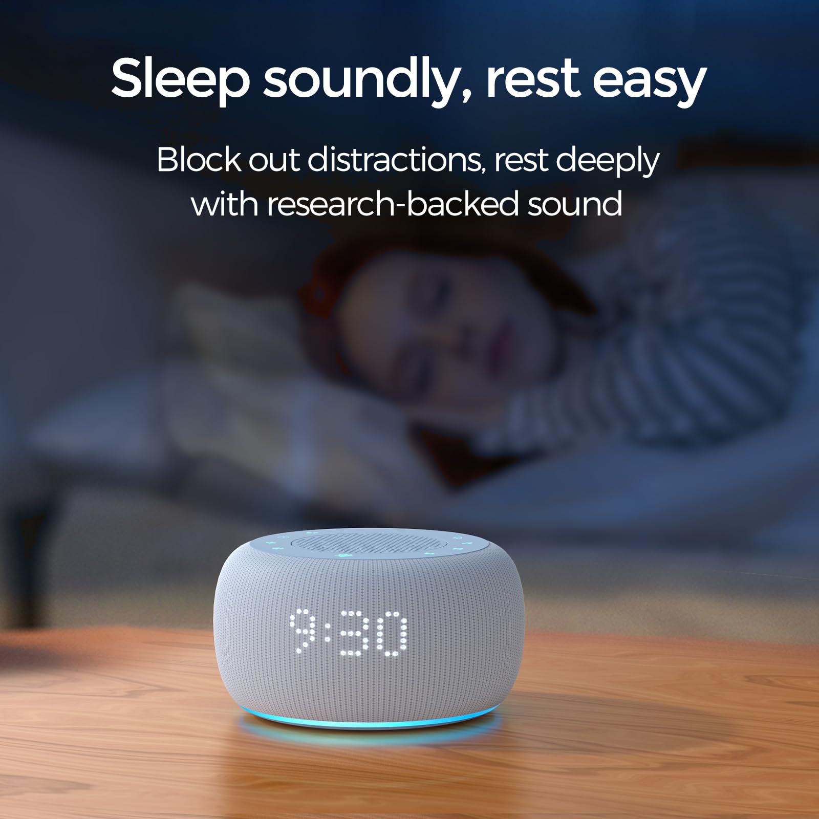 Buffbee 3-in-1 alarm clock and Bluetooth speaker with the ambient bottom light illuminated.