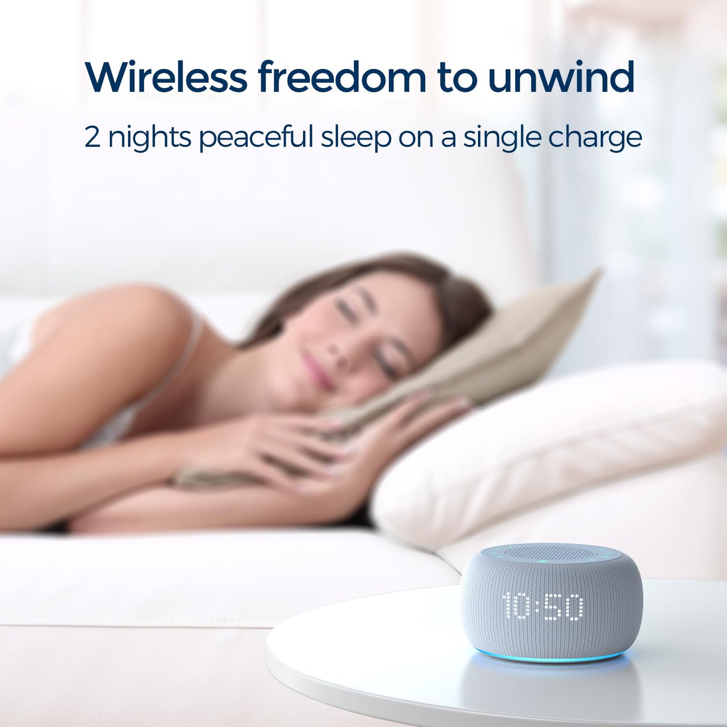 Buffbee ambient night light sound machine showing the color-changing bottom glow function.