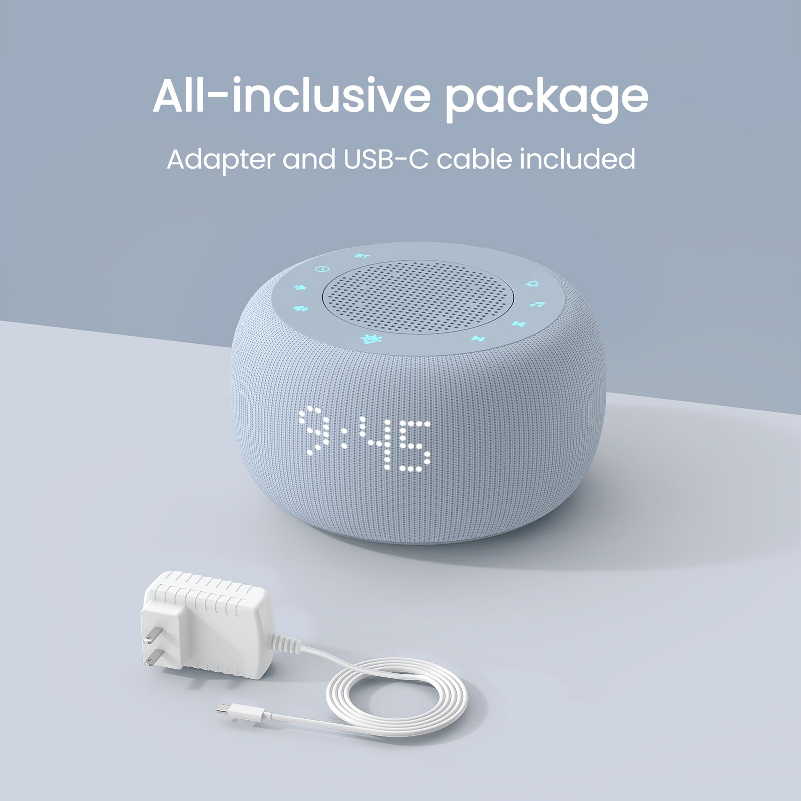 Buffbee compact white noise alarm clock being packed into travel luggage for a trip.