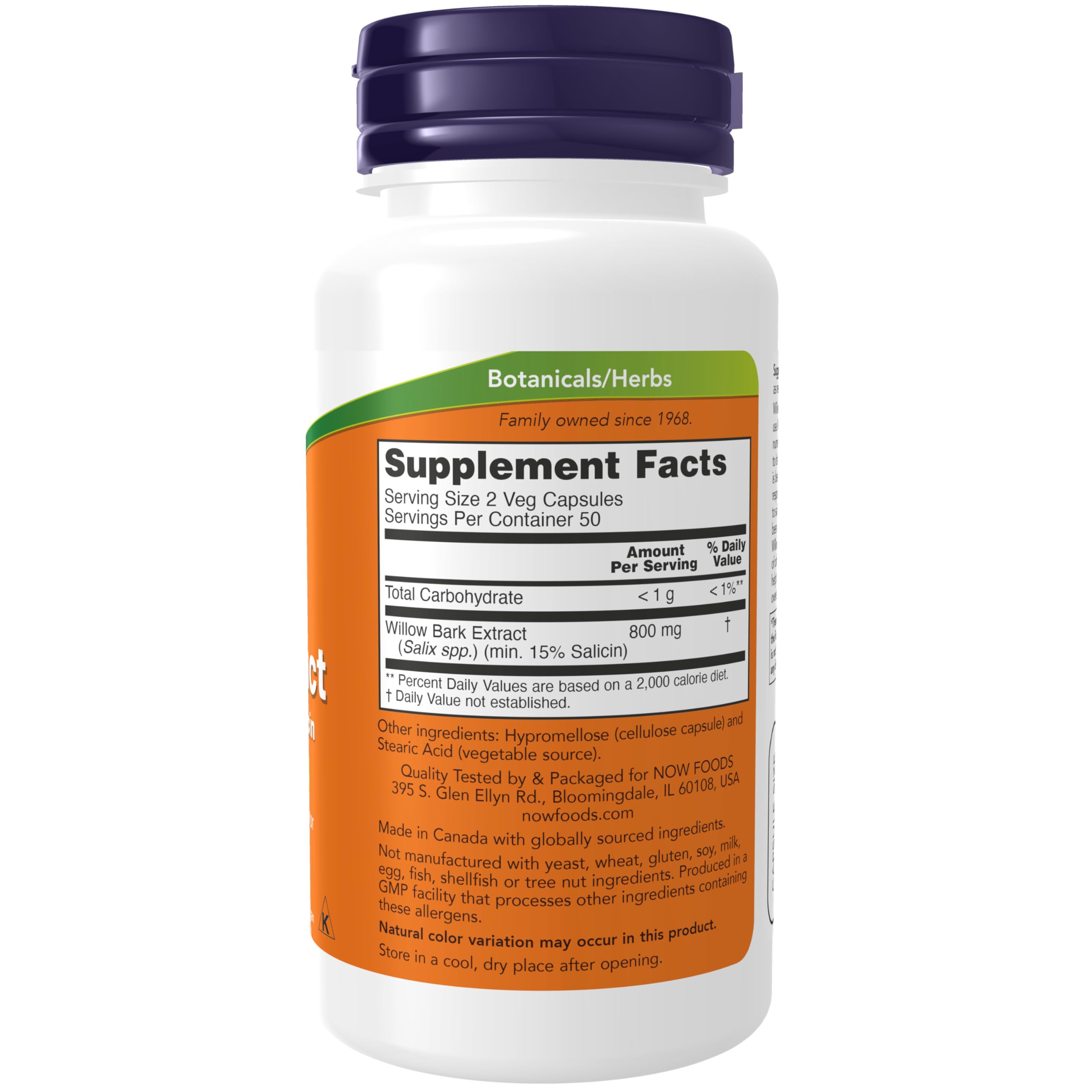 NOW Foods Willow Bark extract vegetarian capsules showing supplement facts panel and ingredient details.