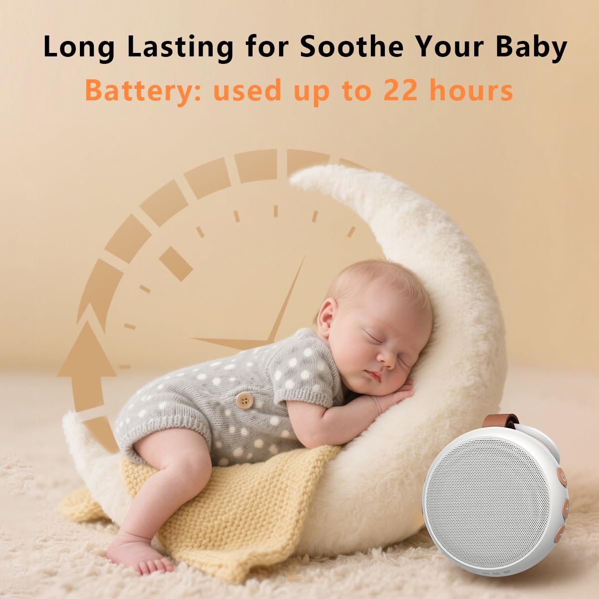 SoundMe compact brown noise machine placed neatly on a wooden bedside table in a minimalist adult bedroom setting