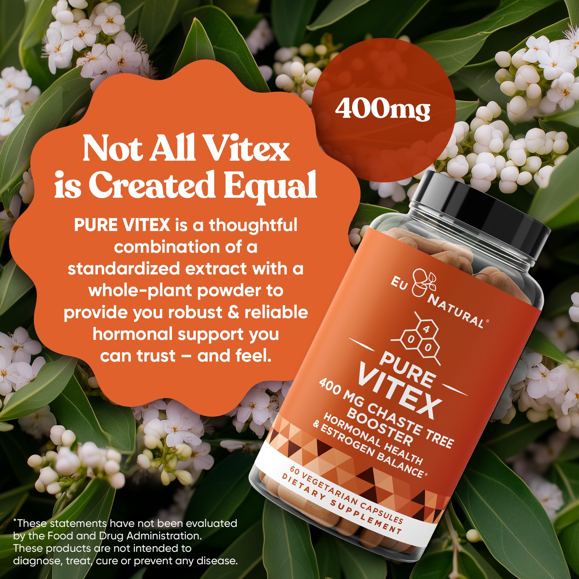 Side view of Eu Natural Vitex Pure vegetarian capsules bottle