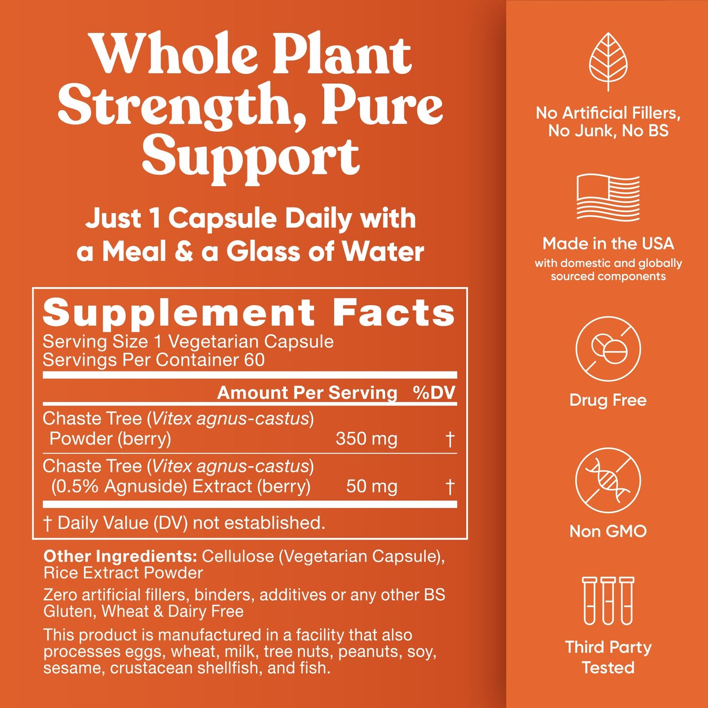 Vegan certification and ingredient highlights on Vitex bottle