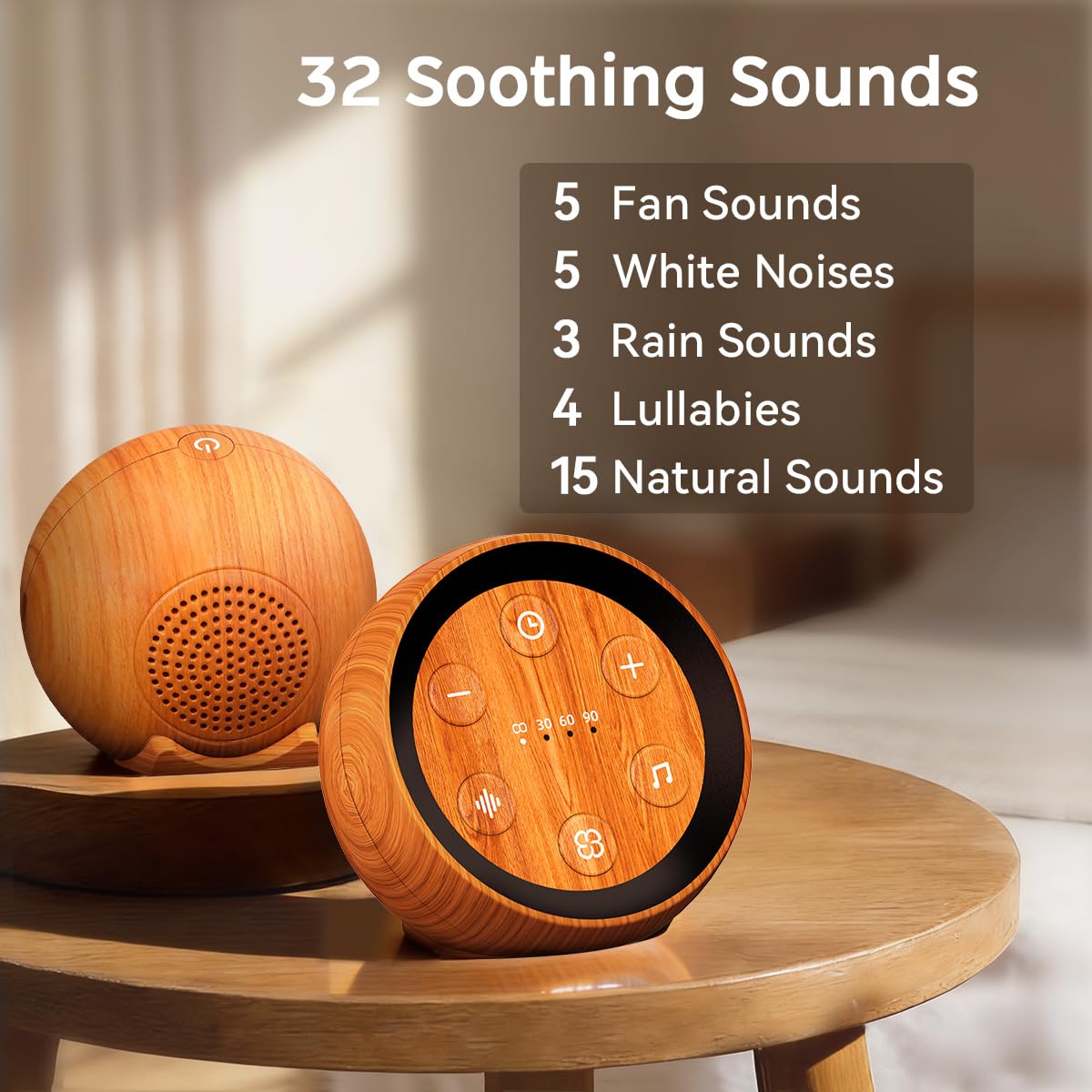 SoundMe battery powered sound device showing top control buttons for volume and timer