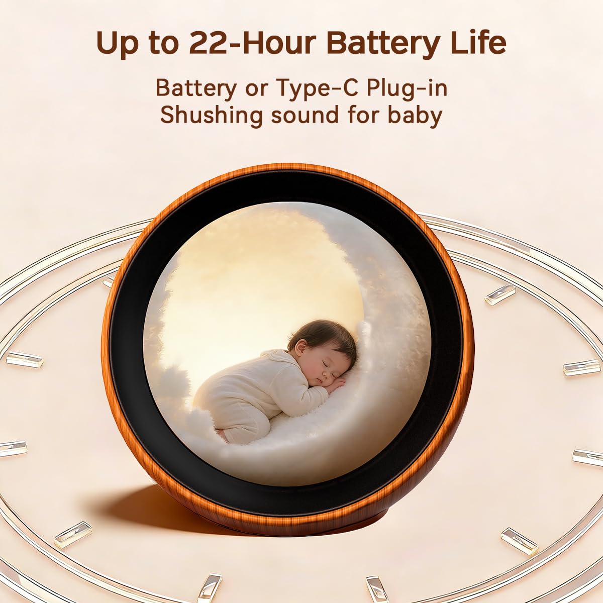 SoundMe compact brown noise machine placed on a bedside nightstand for nursery sleep