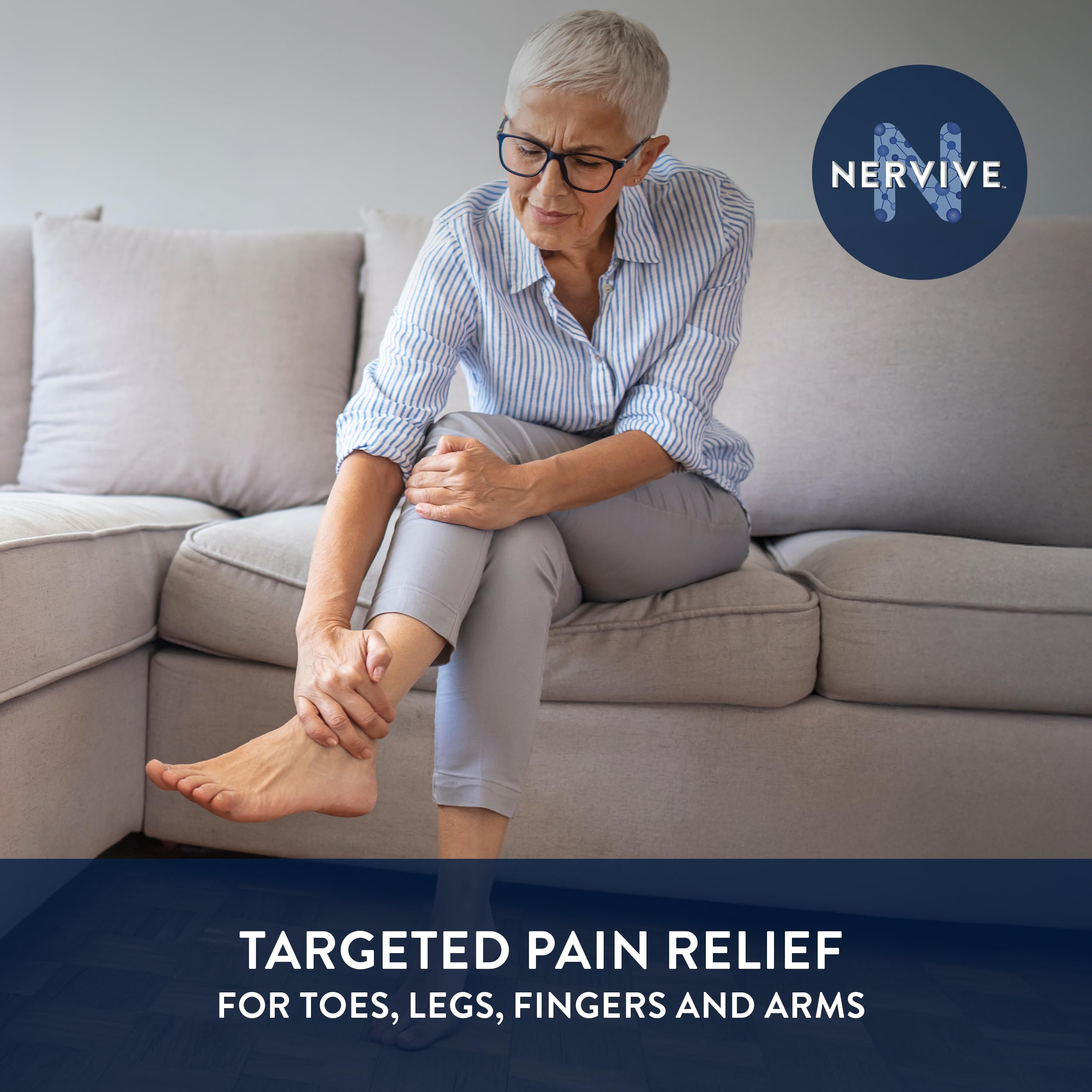 Nervive pain relief spray application on foot
