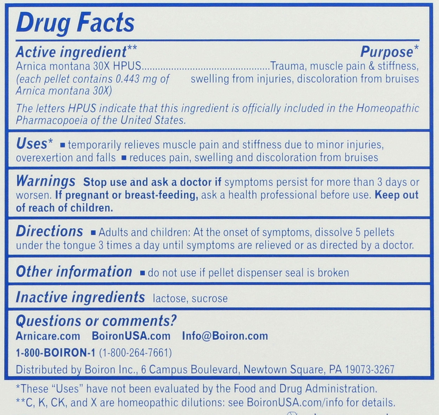 Boiron Arnica Montana 30X pellets tube label details.