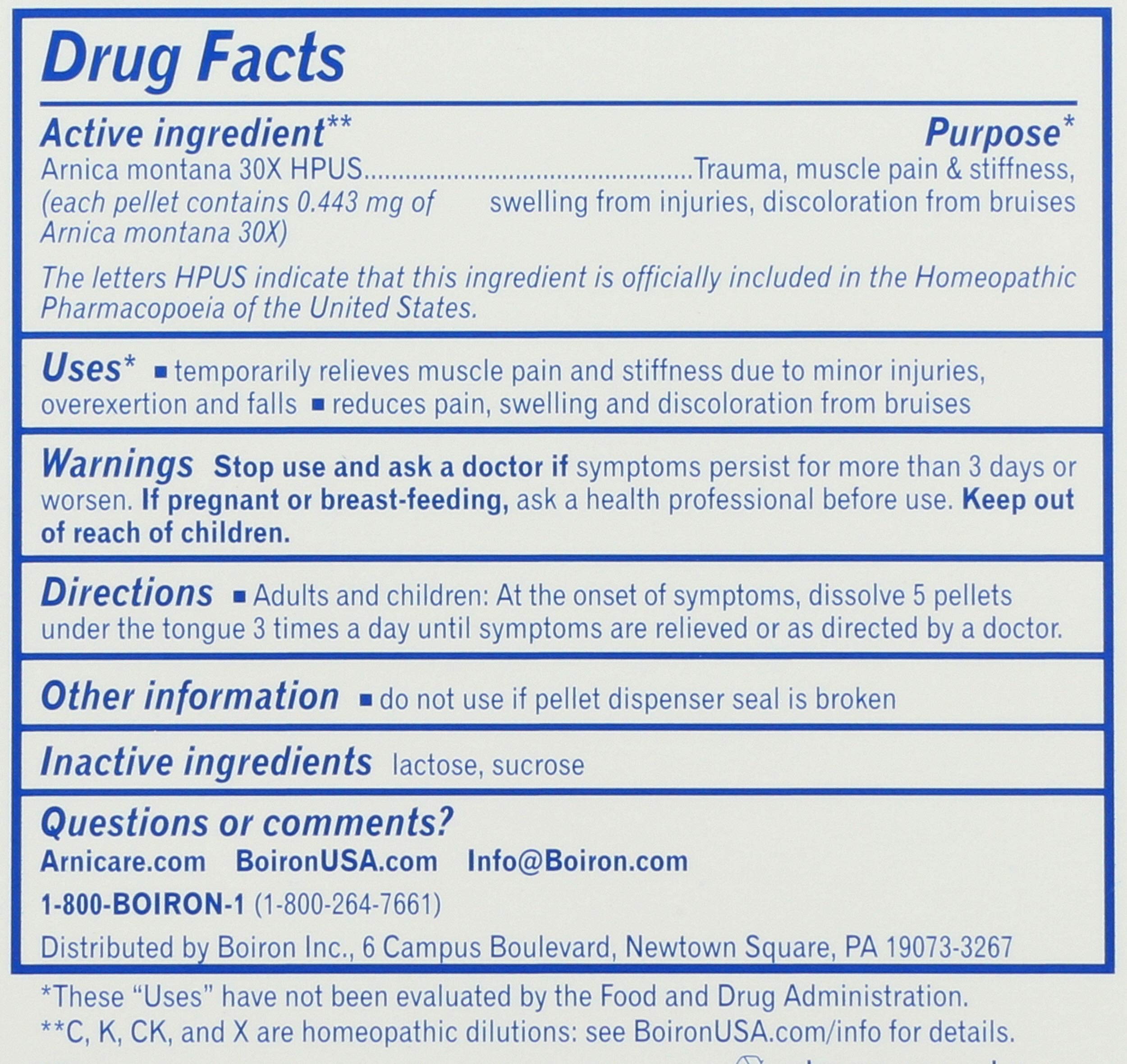 Boiron Arnica Montana 30X pellets tube label details.