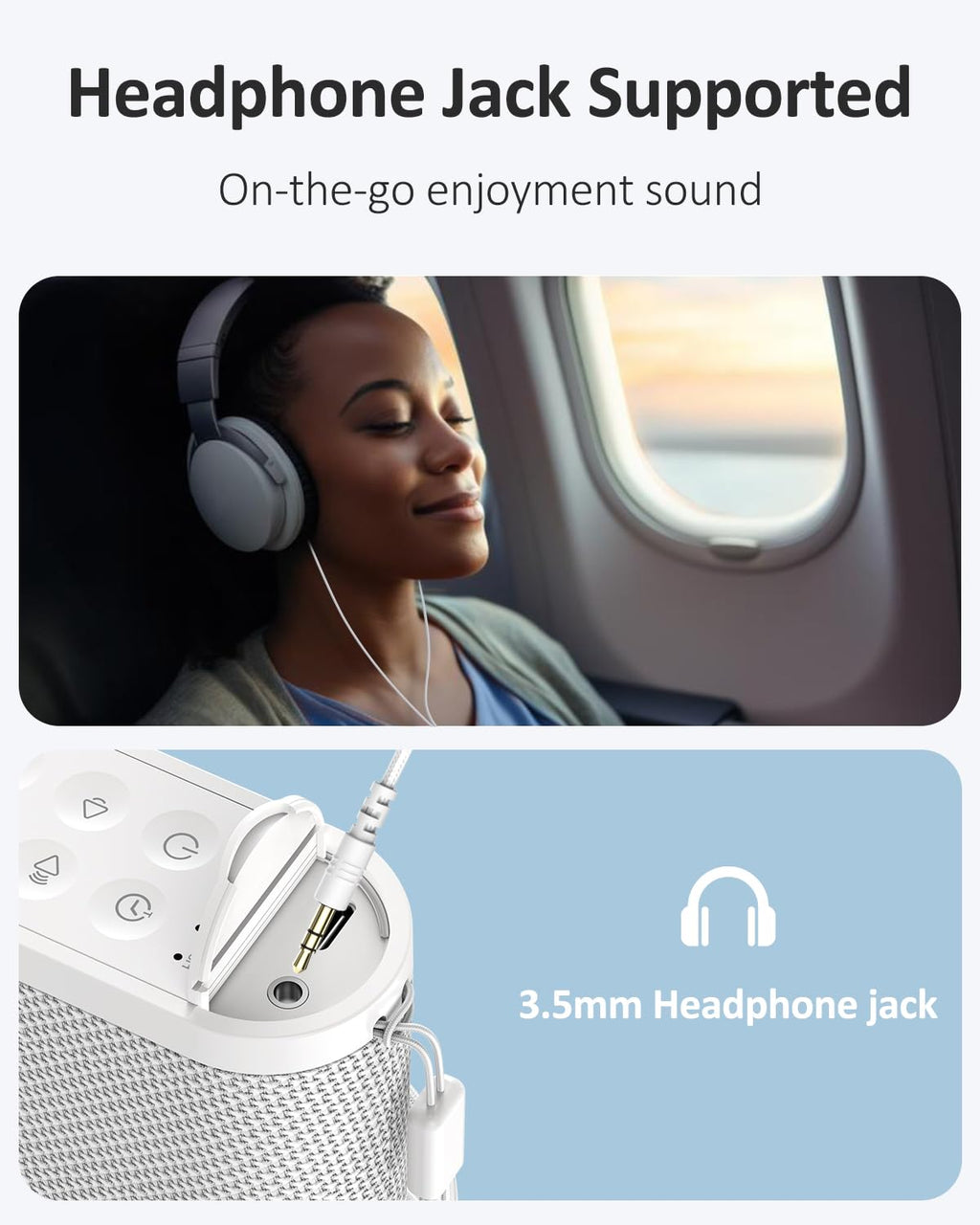Rechargeable travel noise cancelation device highlighting the side USB-C charging port