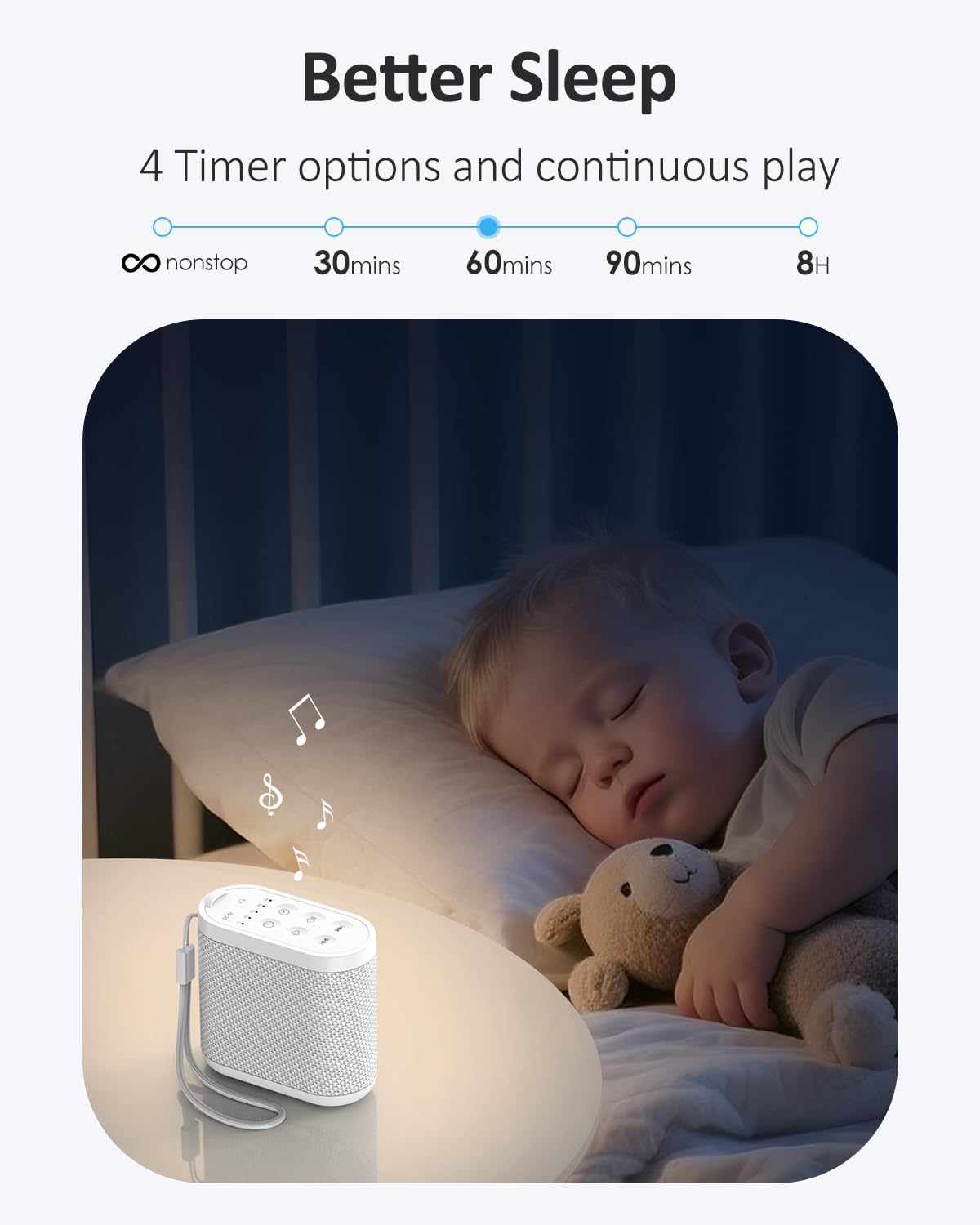 Vindsbay white noise device alongside packaging displaying the included accessories and charging cord