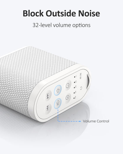 Portable electronic white noise machine being packed into a travel bag demonstrating hand-sized dimensions