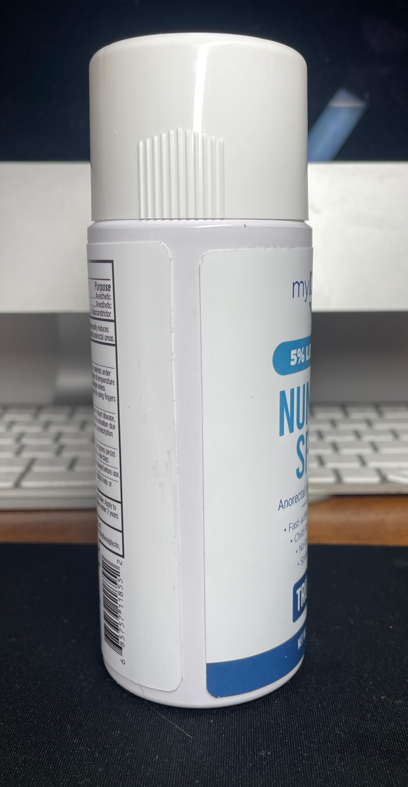 Close up of Myderm medical lidocaine spray label