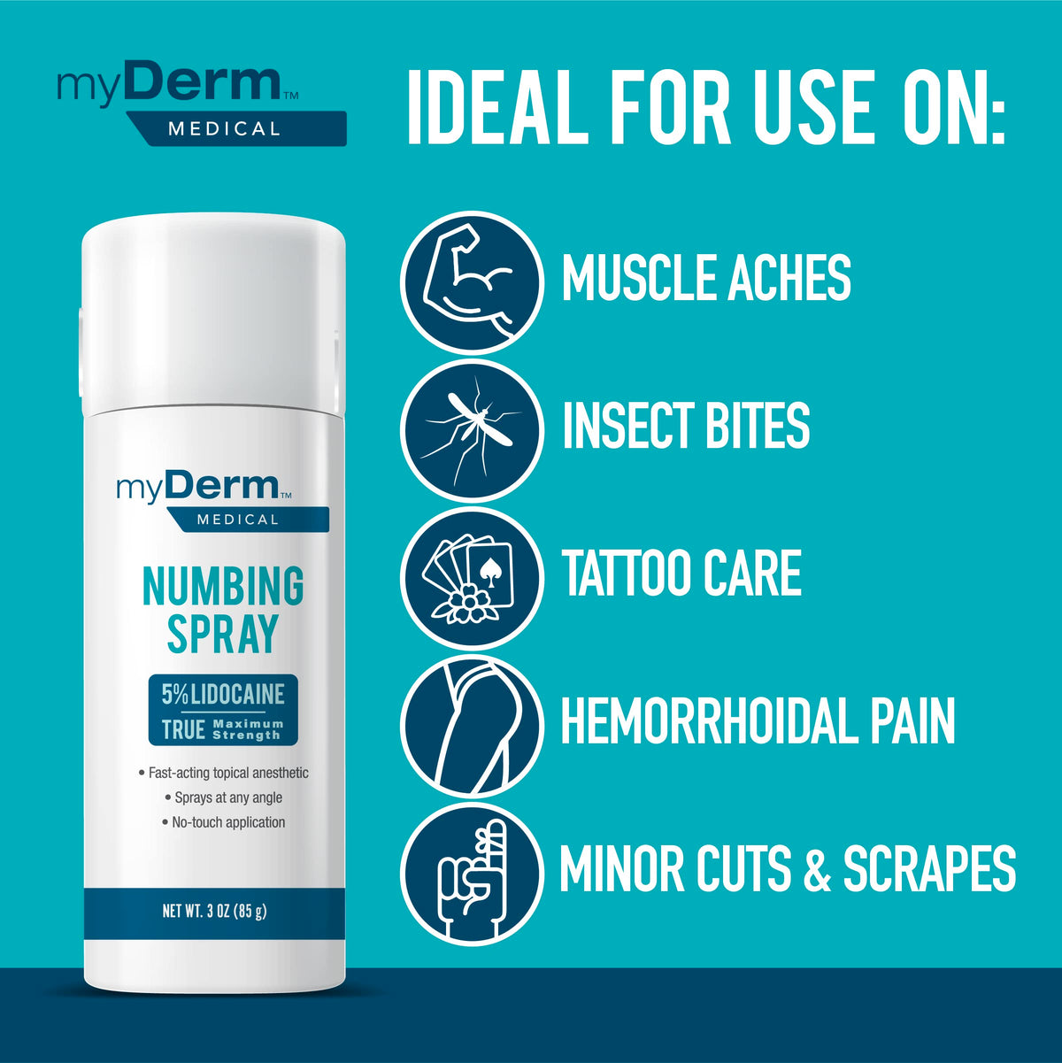 Myderm Medical spray canister in hand for scale
