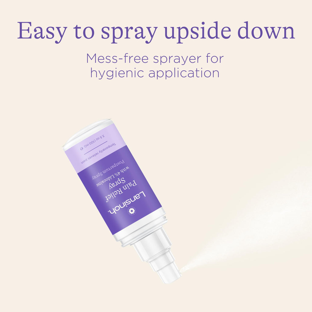 Side profile of Lansinoh pain relief spray bottle