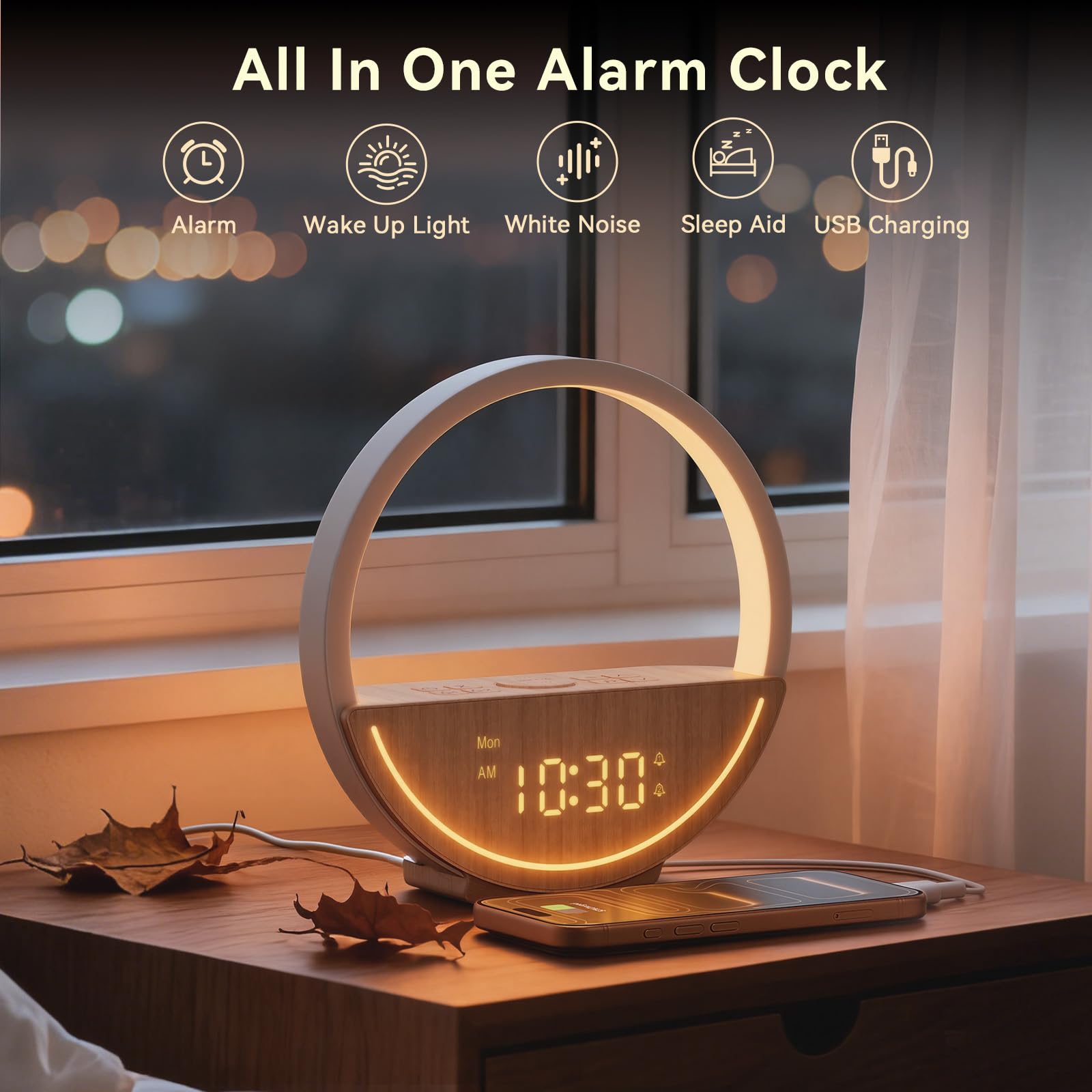 Vivilumens Wake Up Light bedside scene displaying the natural wood grain base on a modern nightstand table
