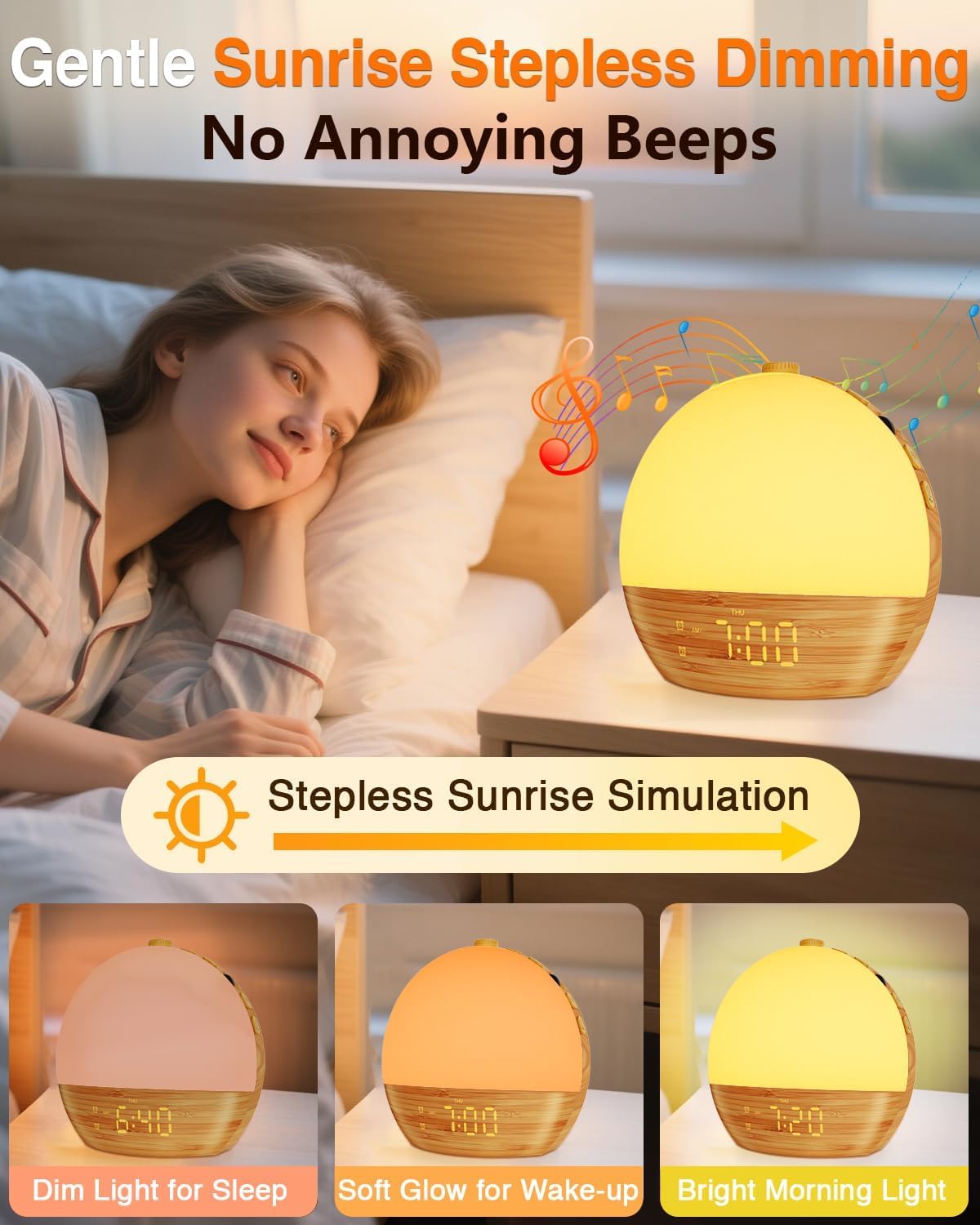 Thybro wake up light speaker displaying the dual digital alarm interface and glowing night light feature.