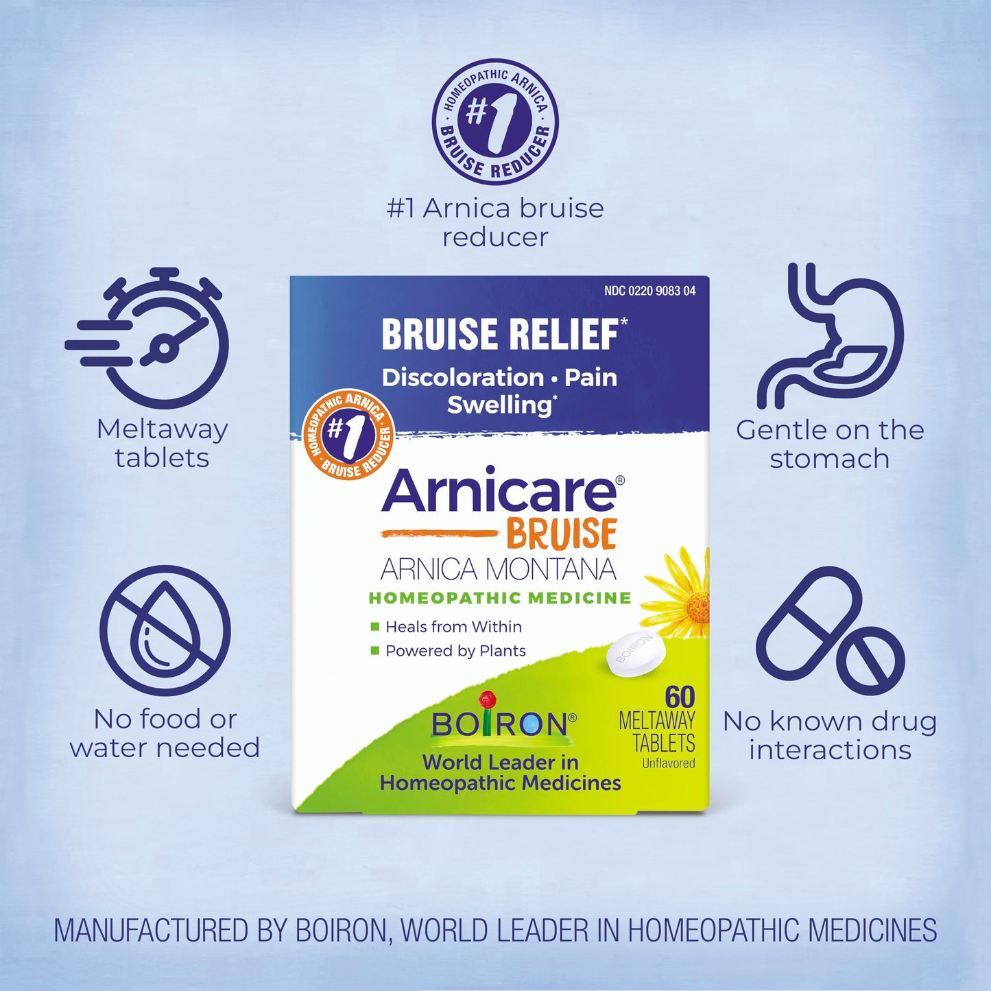 Back view of Boiron Arnicare Bruise packaging with usage instructions
