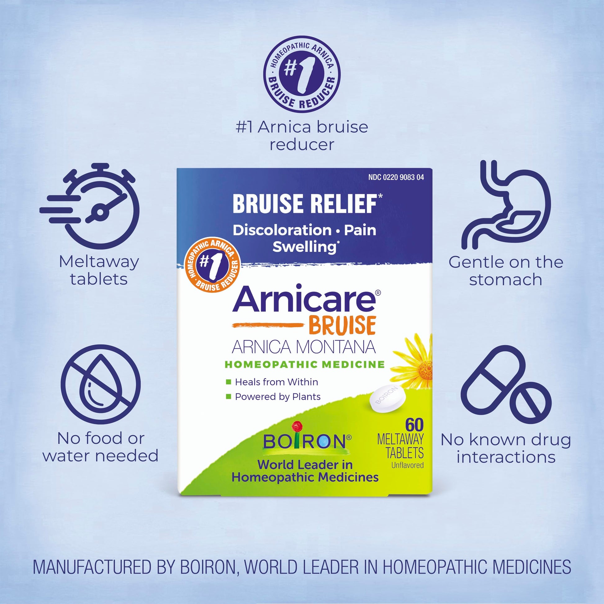 Back view of Boiron Arnicare Bruise packaging with usage instructions