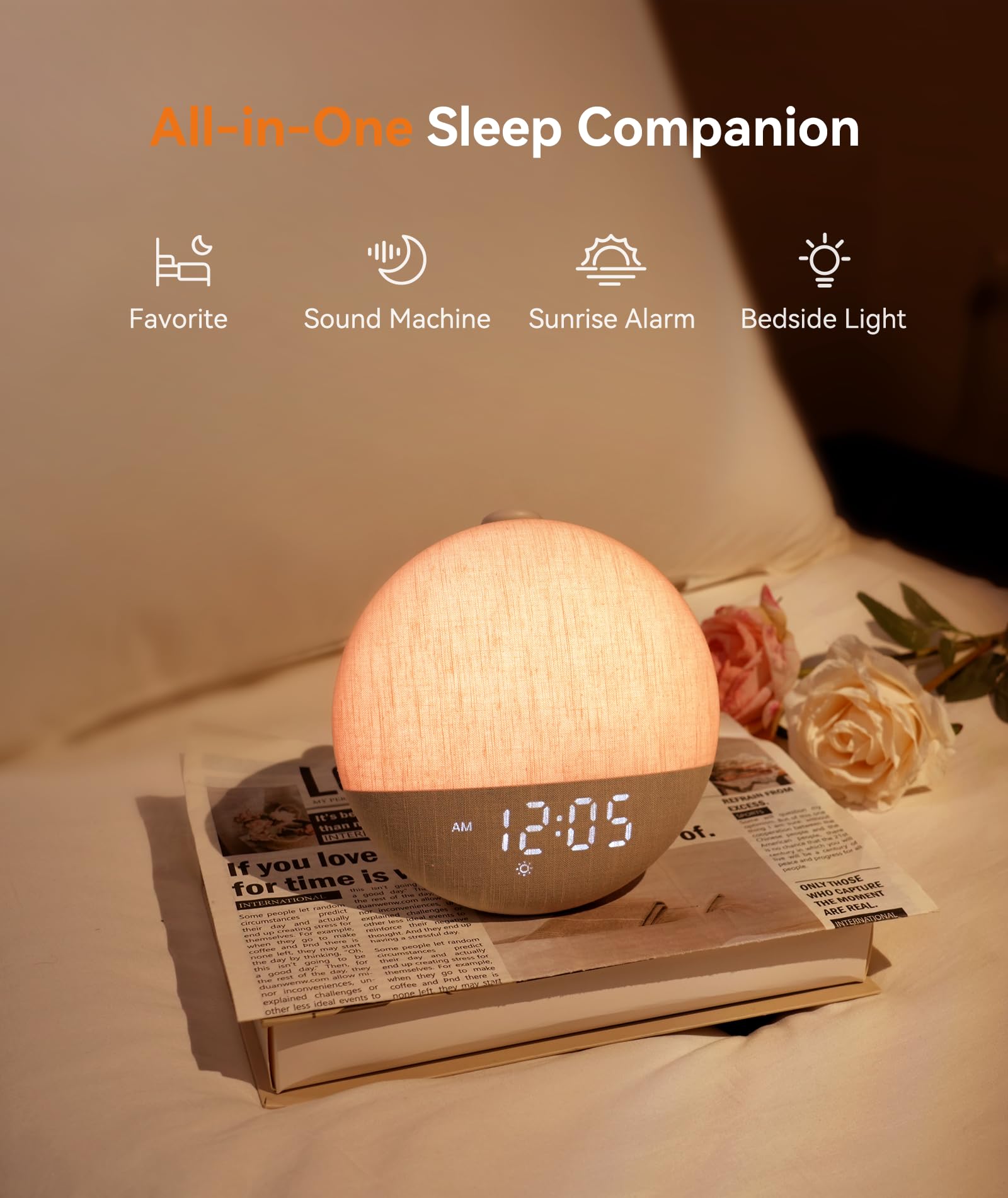 Dreamegg white noise sound machine showing the textured fabric covering and top physical control buttons