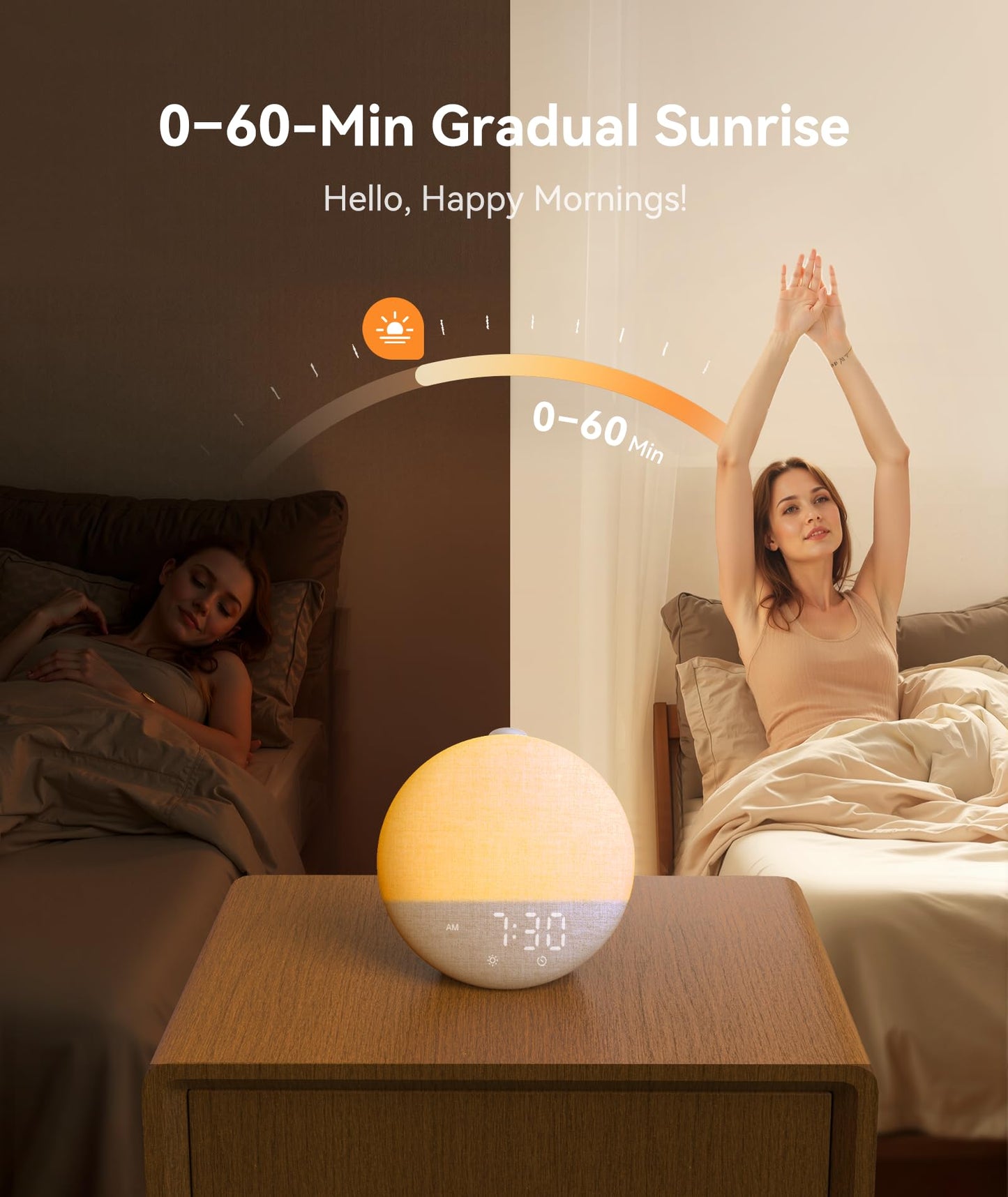 Side perspective of the cream colored Dreamegg alarm clock highlighting its sleek circular design