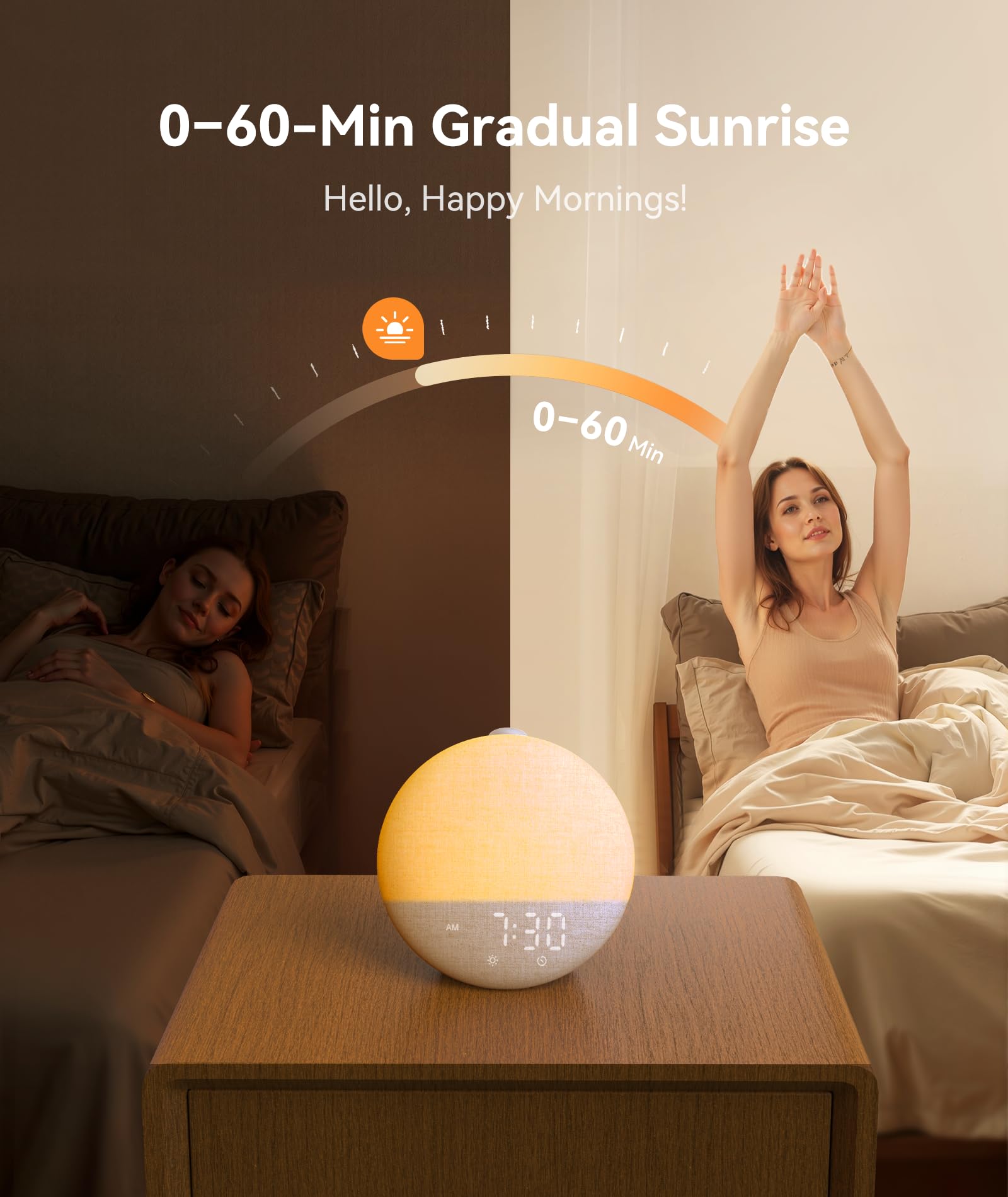 Side perspective of the cream colored Dreamegg alarm clock highlighting its sleek circular design