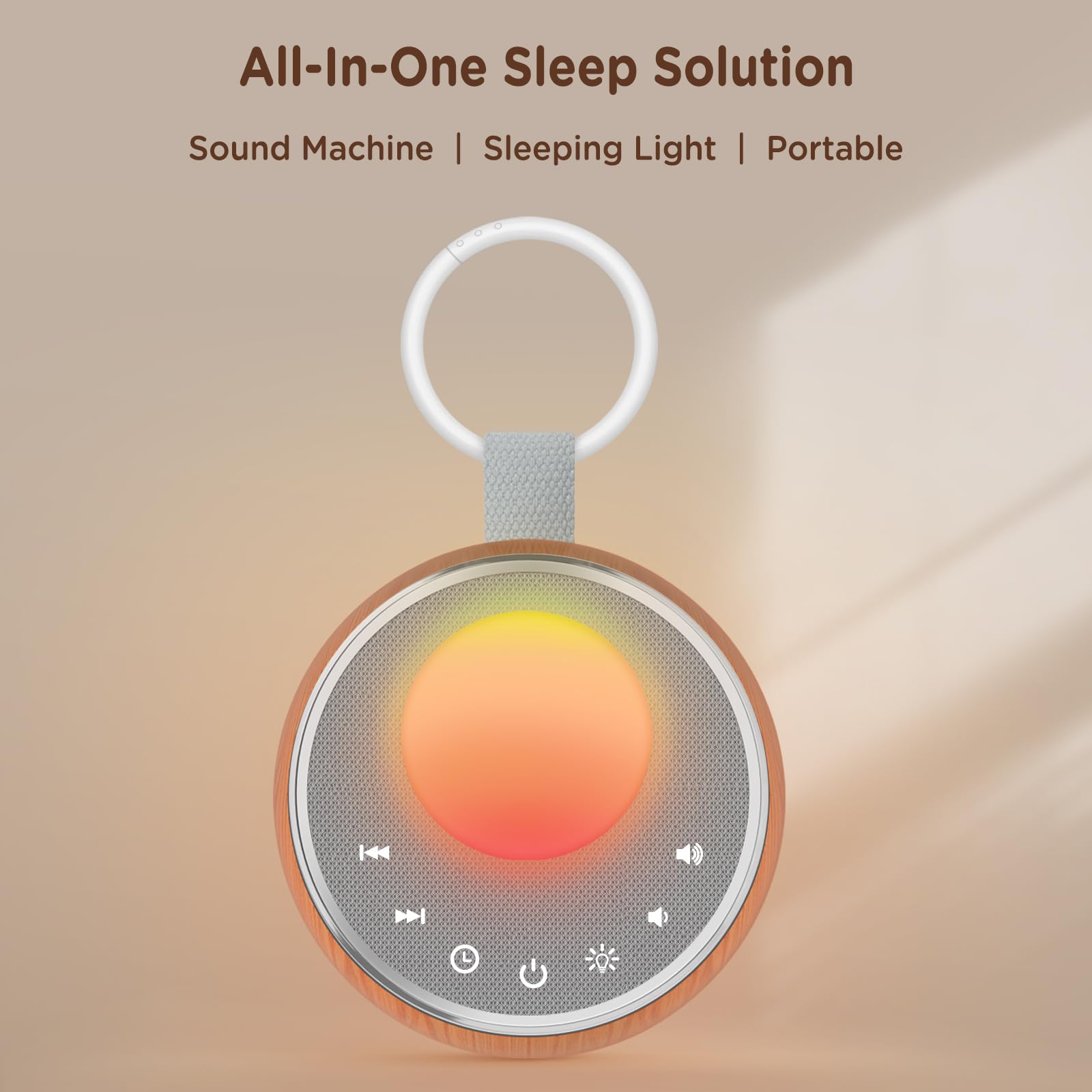 Peakeep sleep audio device with glowing RGB night light enabled on the top mesh cover.
