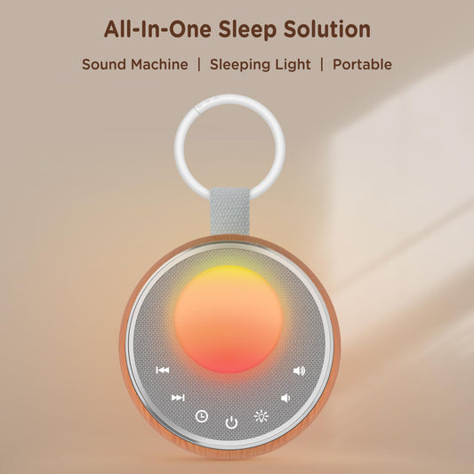 Peakeep sleep audio device with glowing RGB night light enabled on the top mesh cover.