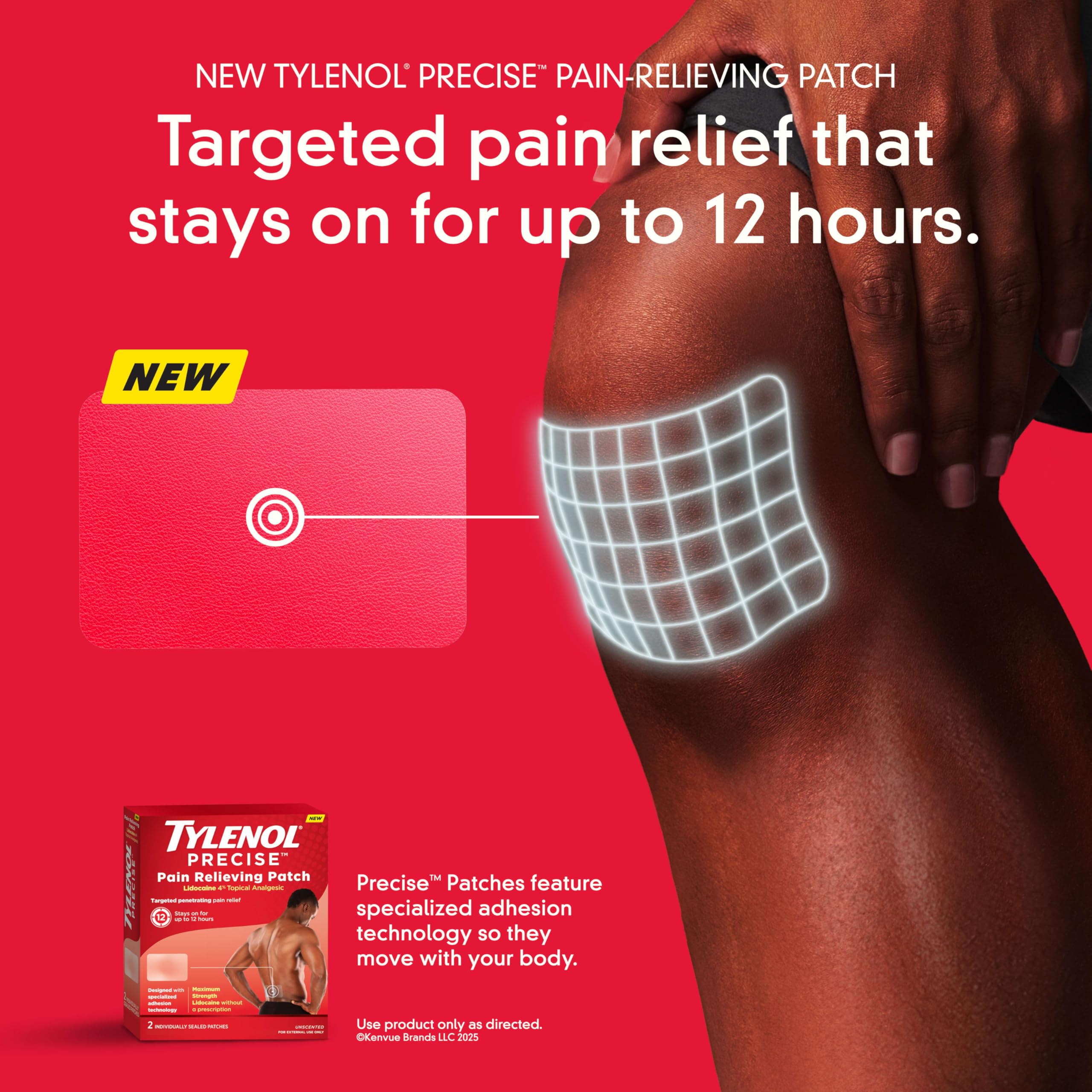 Close up of Tylenol Precise lidocaine patch box with 12 hour relief text