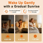 Wkzay digital wake up light displaying simulated sunrise transition from warm orange to bright morning light