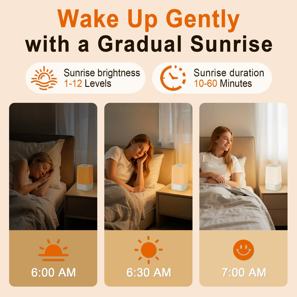 Wkzay digital wake up light displaying simulated sunrise transition from warm orange to bright morning light