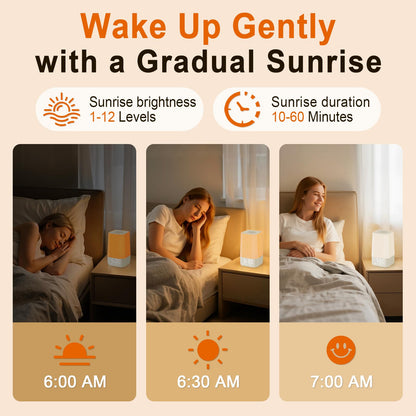 Wkzay digital wake up light displaying simulated sunrise transition from warm orange to bright morning light
