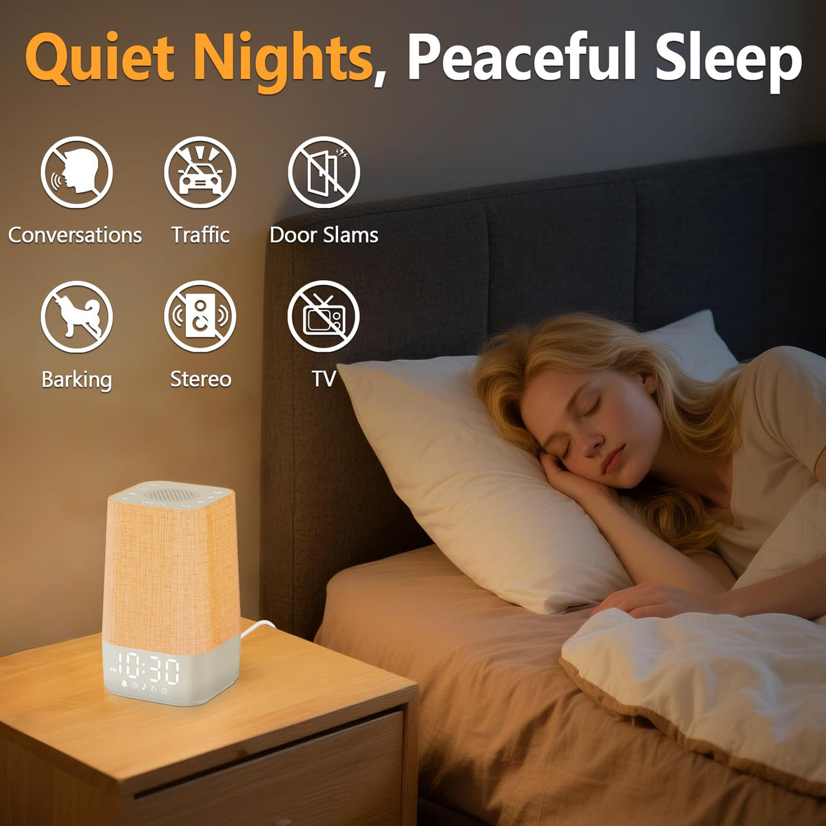 Wkzay therapeutic sleep device showcasing its compact design on a wooden home nightstand setup