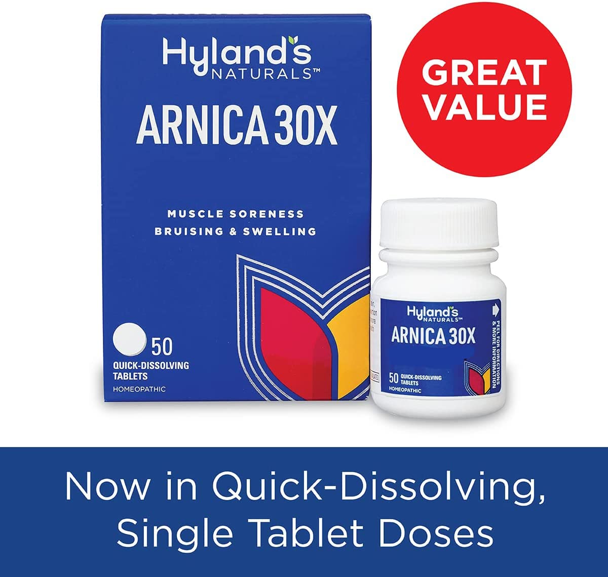 Hyland's Arnica 30x homeopathic pain relief packaging details
