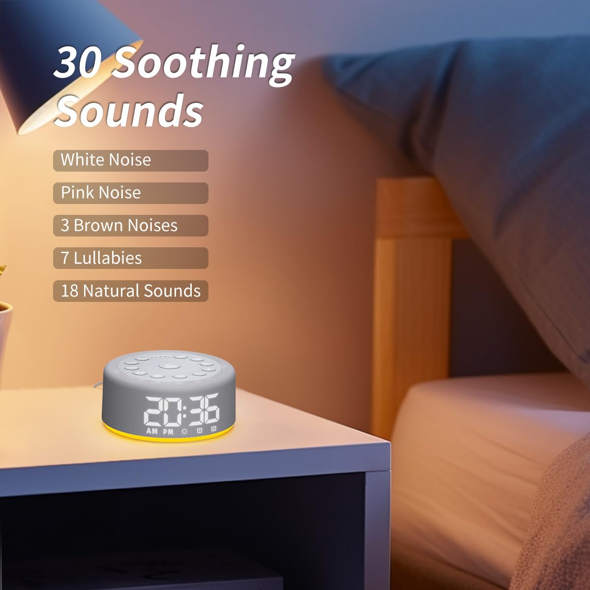Close-up view of the Hushing white noise machine interface showing dual alarm settings and volume controls.