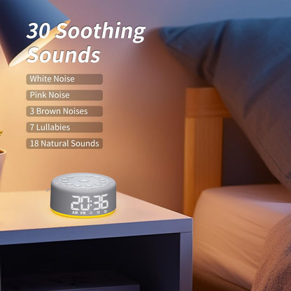 Close-up view of the Hushing white noise machine interface showing dual alarm settings and volume controls.