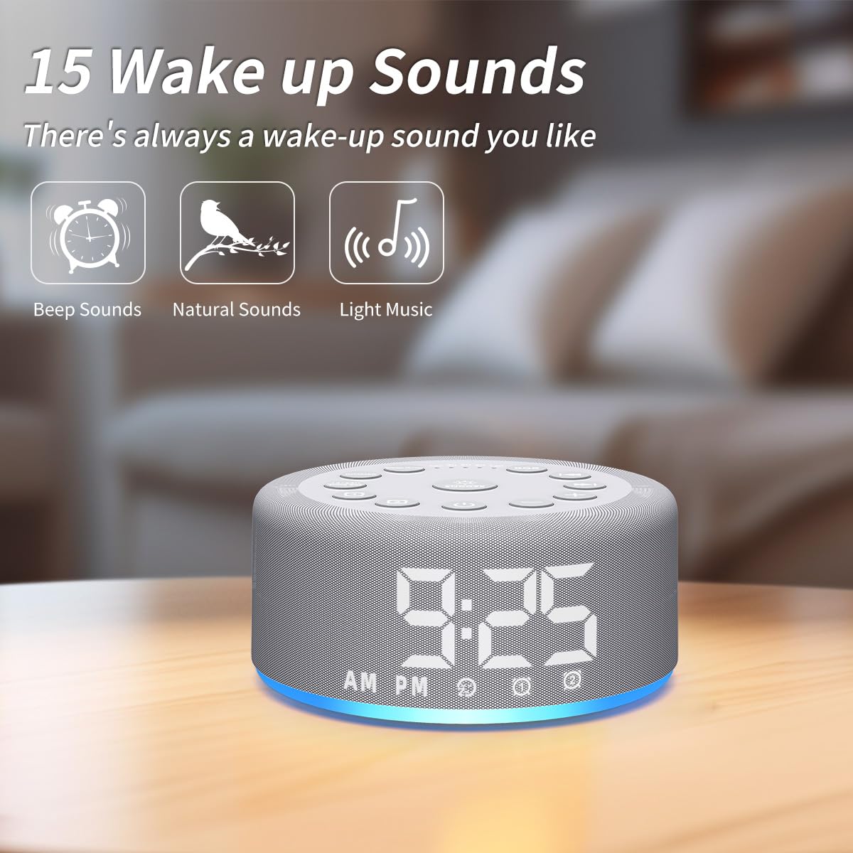Hushing baby sound machine illuminating a nursery room with a soft warm yellow light setting.