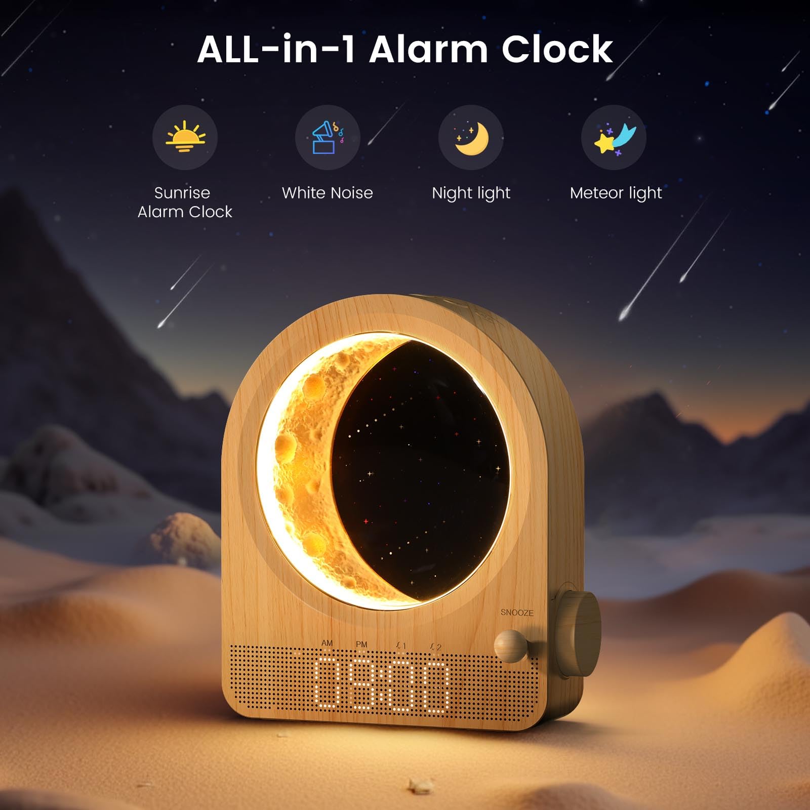 Epochleno multi functional sleep aid showing circular meteor moonlight glow in a dark bedroom