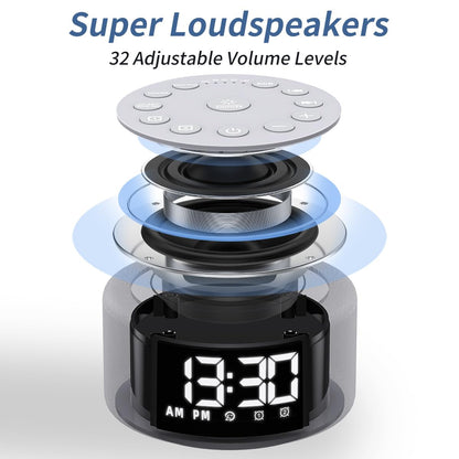 Hushing portable white noise clock packaged and showing clear layout of all thirty built-in sleep sounds.