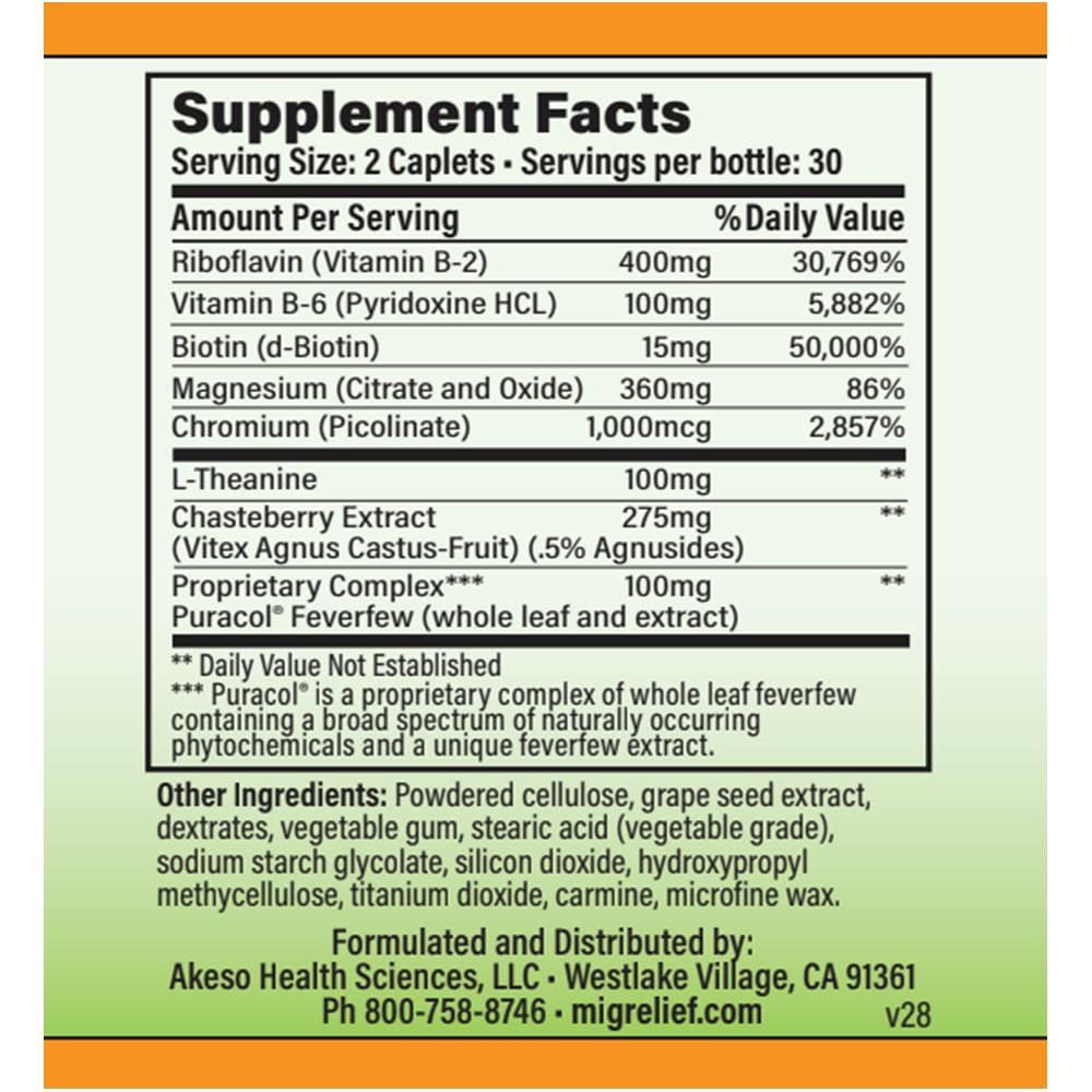 Side view of MigreLief+M supplement bottle showing ingredients