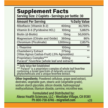 Side view of MigreLief+M supplement bottle showing ingredients