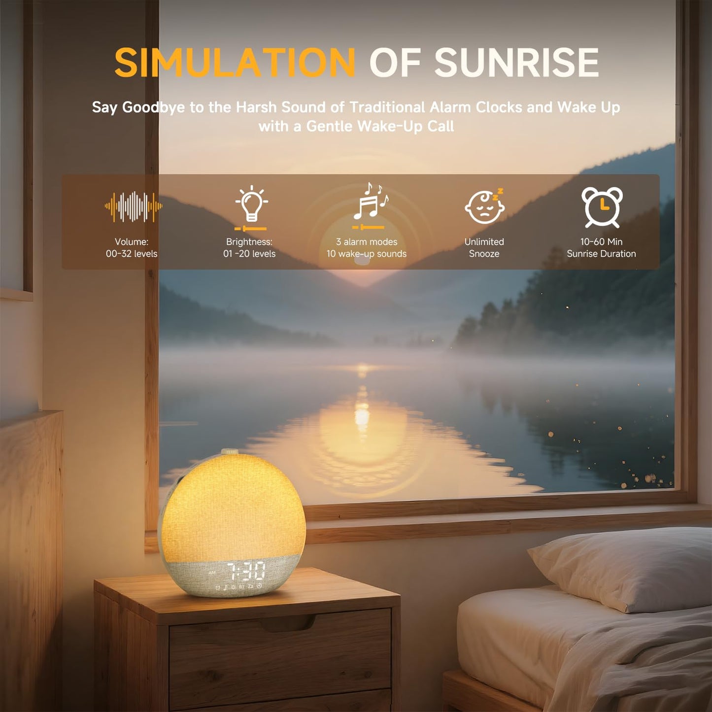 Geuuap wake up light displaying digital time with adjustable brightness settings.