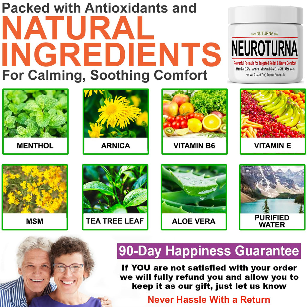 Nuturna nerve cream jar showing key ingredients like Menthol and Arnica