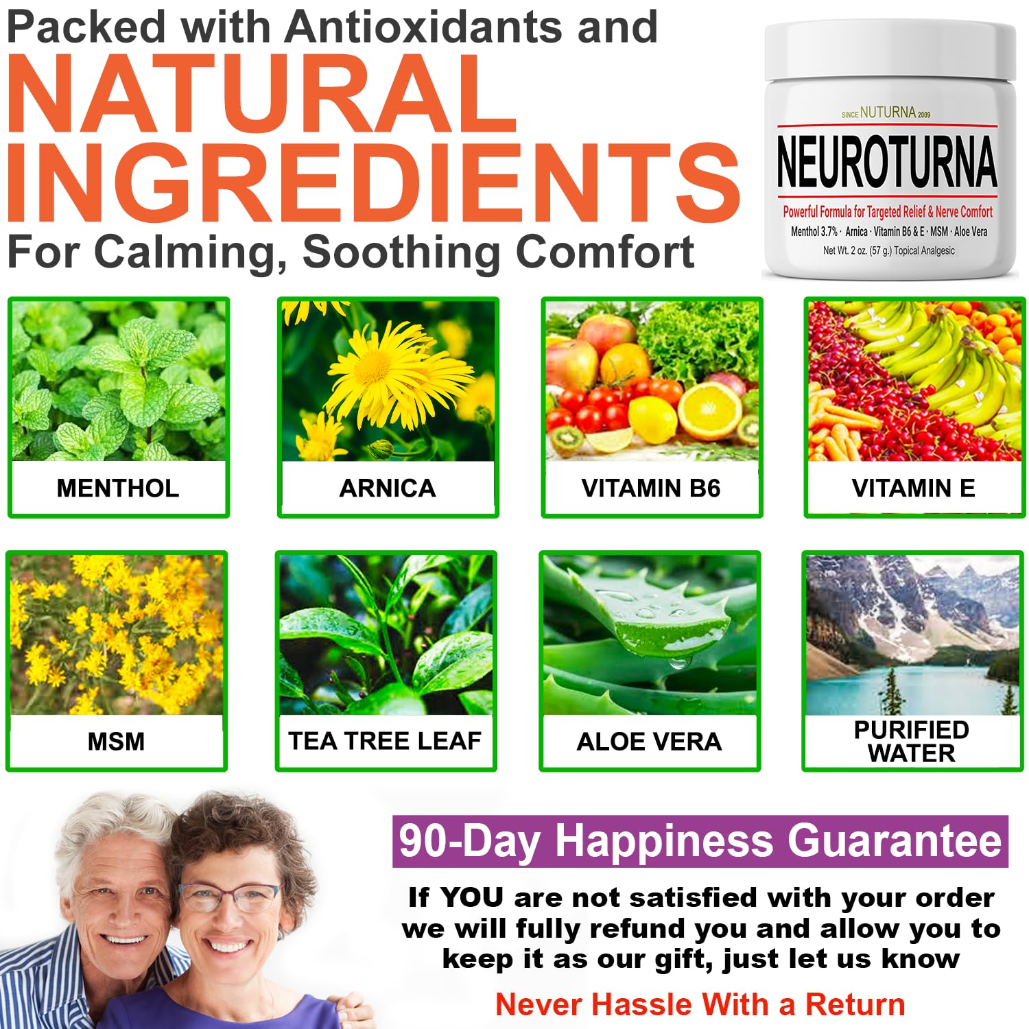 Nuturna nerve cream jar showing key ingredients like Menthol and Arnica