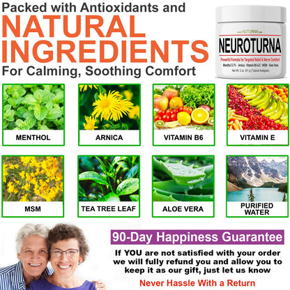 Nuturna nerve cream jar showing key ingredients like Menthol and Arnica