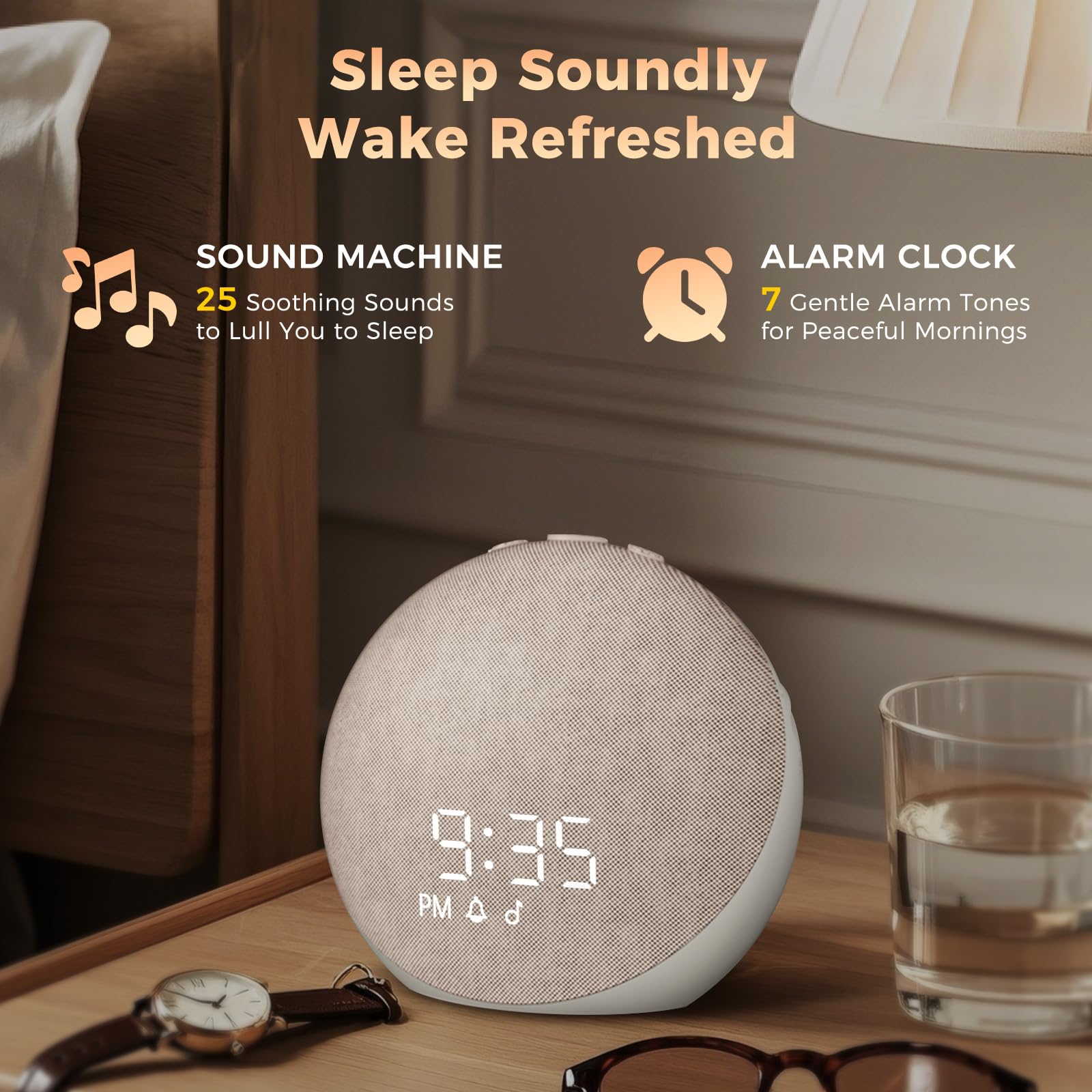 Acedeck white noise machine with digital clock display showing twenty-five natural sleep sounds