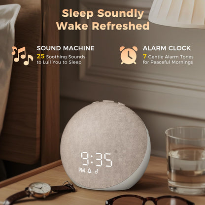 Acedeck white noise machine with digital clock display showing twenty-five natural sleep sounds