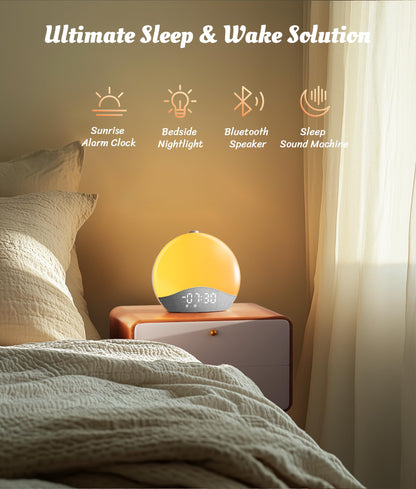 ecozy sleep aid device showing illuminated sunrise simulation light in bedroom