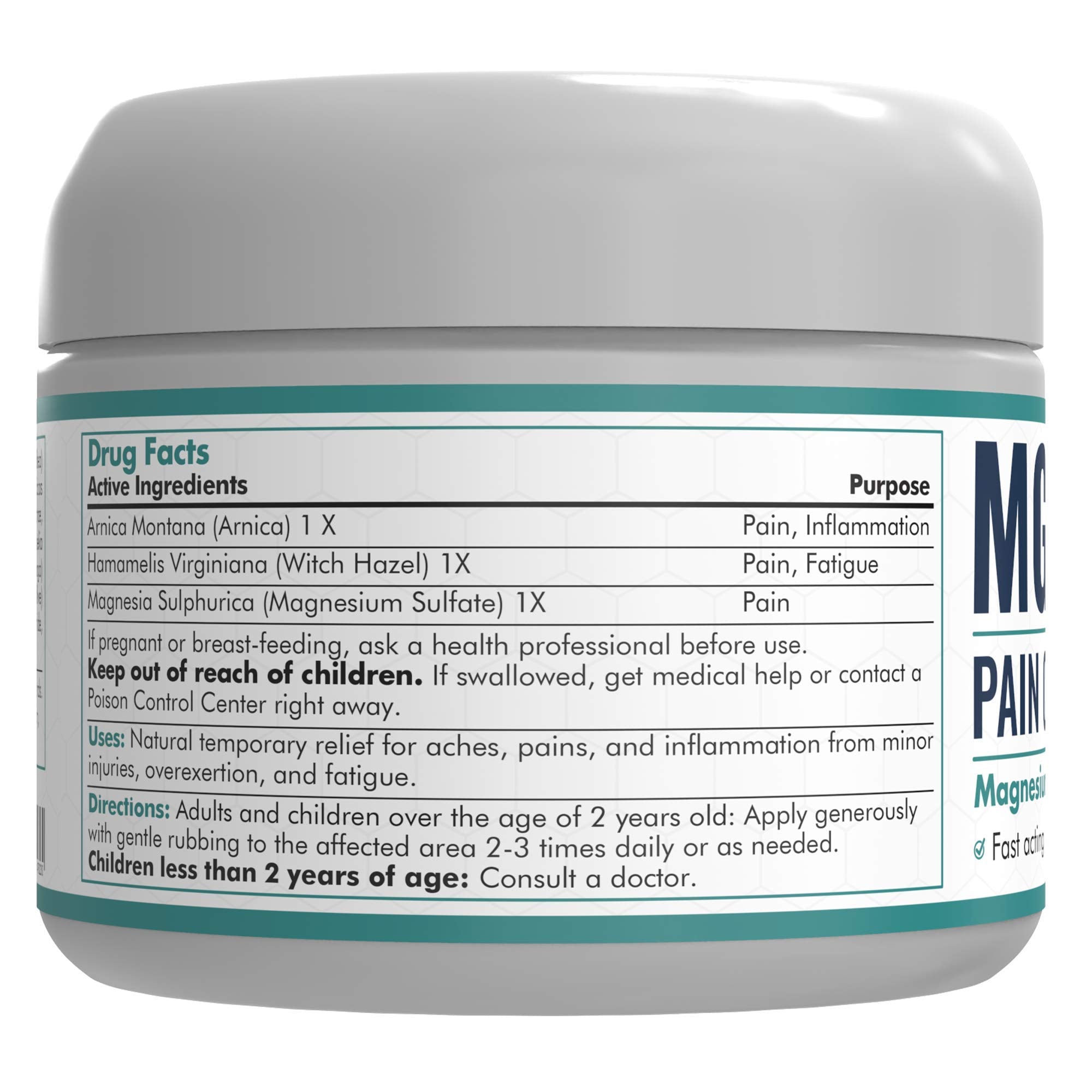 Back label of Mars Wellness MG+ Pain Cream showing ingredients