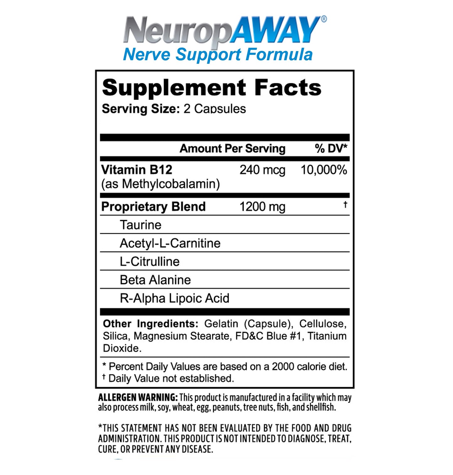 NeuropAWAY nerve support dietary supplement ingredients list