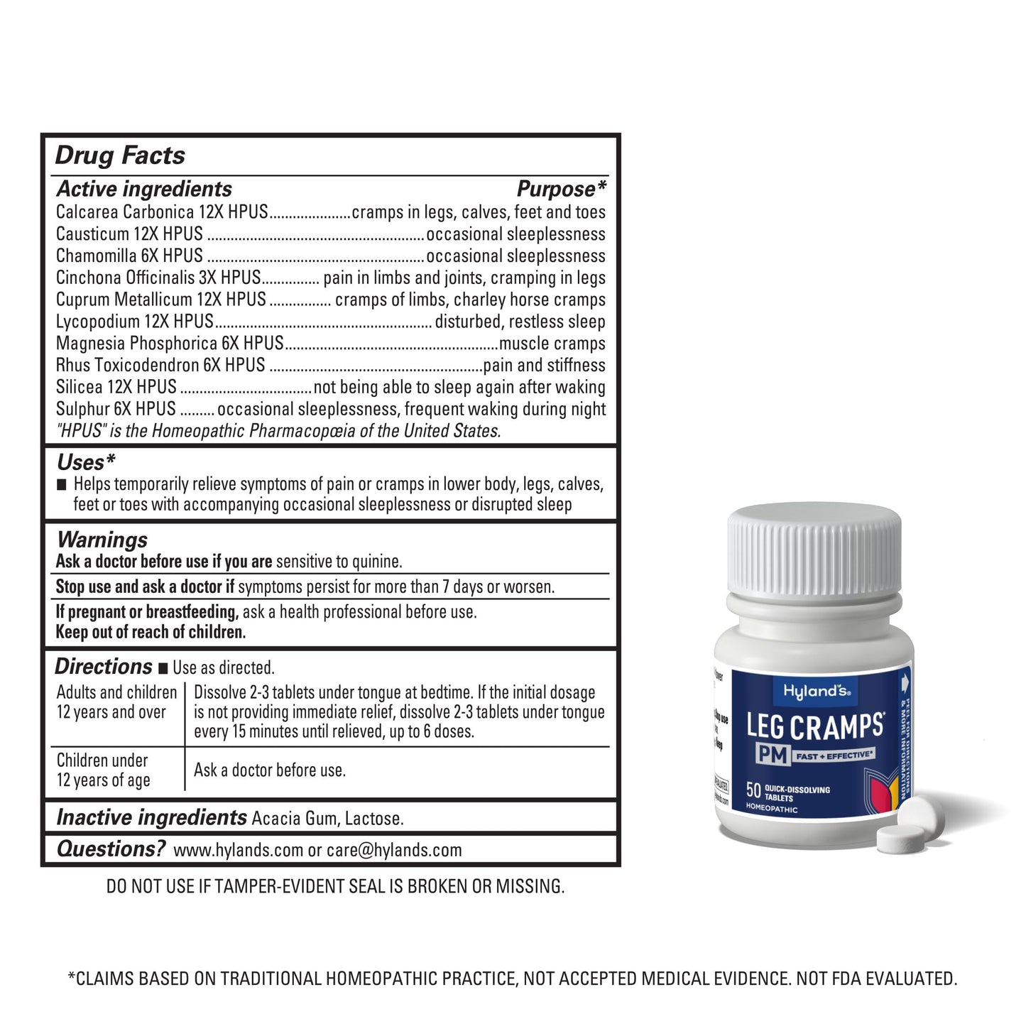 Product label of Hyland's Leg Cramps PM for nighttime use